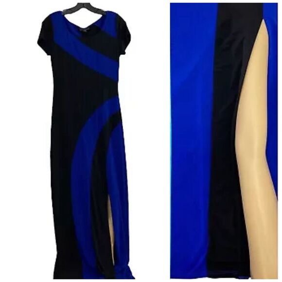 Trulli Dress Womens Small Maxi Blue Black Sexy Leg Slit Color Block Dinner Date - Picture 1 of 13